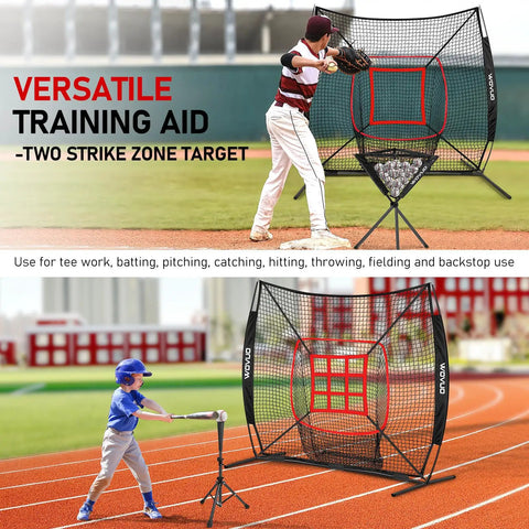 7x7 Ft Baseball And Softball Hitting And Pitching Net With Strike Zone Tee Ball Caddy and durable 7 ply knotless netting heavy duty steel base.