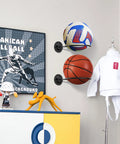 Metal Ball Holder Rack Wall Mounted Two Piece Set Black Heavy Duty Wall Display Storage For Soccer Basketball Volleyball Rugby Football Easy Install With Screws holding balls in room.