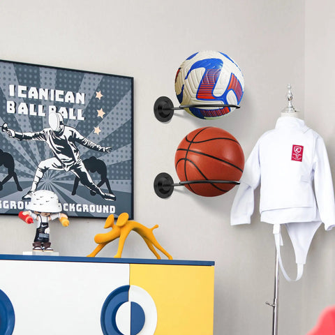 Metal Ball Holder Rack Wall Mounted Two Piece Set Black Heavy Duty Wall Display Storage For Soccer Basketball Volleyball Rugby Football Easy Install With Screws holding balls in room.