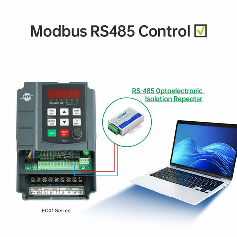 Beefy VFD Variable Frequency Drive with RS-485 control next to a laptop, showcasing Modbus communication features.