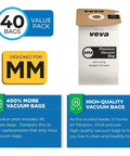 40 Pack Premium SuperVac Type MM Vacuum Bags for Eureka Mighty Mite Canister Vacuums packaging and features overview