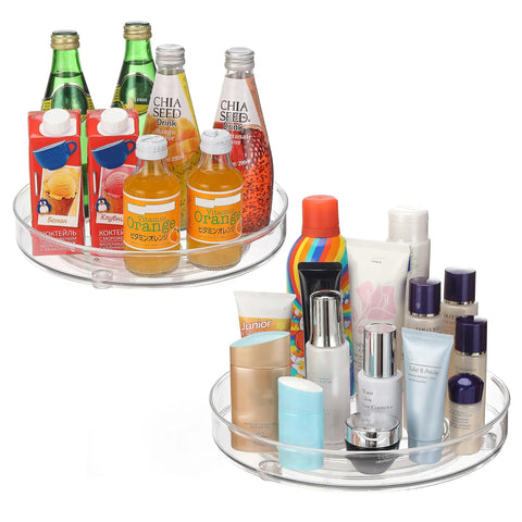Two Pack Lazy Susan Cabinet Organizer Rotating Turntable For Cabinets Pantries Countertops Tables And Fridges 10.5 Inch Plastic Round Organizer with drinks and toiletries