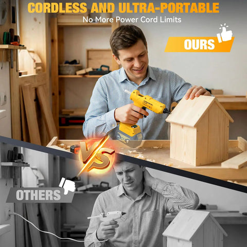 Man using Cordless 100W Hot Glue Gun For 20V Max Battery Full Size Handheld Glue Tool with 35 Glue Sticks in workshop