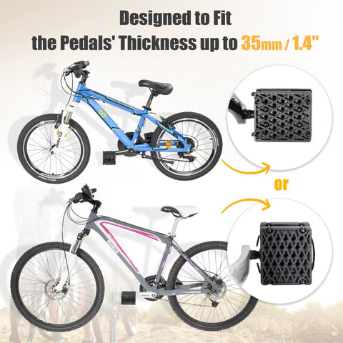 Kid Bike Pedal Blocks 1.5 Inch Reach For Small Riders shown fitted on blue and gray bike pedals
