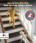 Child and dog on black anti skid rug No Slip Carpet Stair Treads 8 By 30 Inches Pack Of 28 With Reusable Adhesive