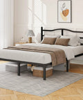 Heavy Duty Queen Bed Frame With Curved Headboard Noise Free Metal Platform Built Like A Tank With Sturdy Steel Slats in a modern bedroom.