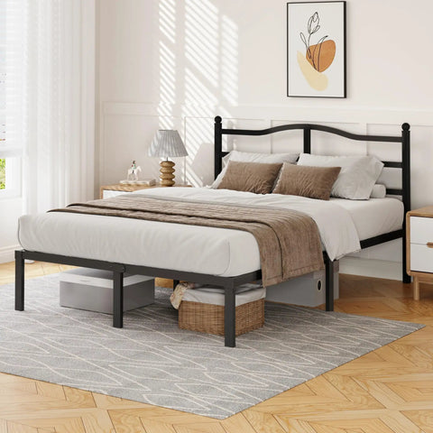 Heavy Duty Queen Bed Frame With Curved Headboard Noise Free Metal Platform Built Like A Tank With Sturdy Steel Slats in a modern bedroom.