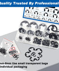 Dope External E Clip Circlip Retaining Rings Kit 550 Pcs With Carbon Steel Rings And 1 Pcs Tweezers Includes Sizes M1.5 To M22 For Machinery Automotive DIY Projects displayed in tray with individual packaging