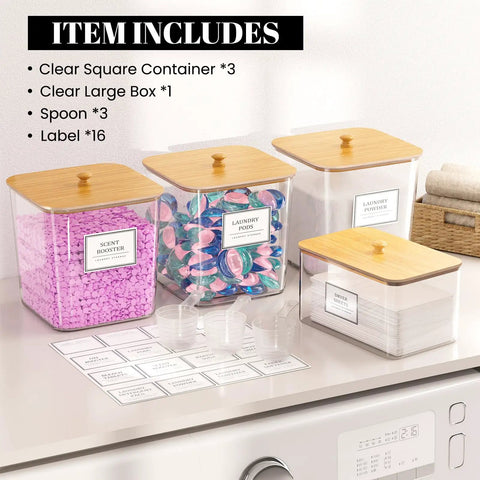 Clear Acrylic Laundry Pods Storage Container Set With Wooden Lids And Scoops, Includes Dryer Sheet Holder And Waterproof Labels, Perfect For Detergent And Scent Boosters, Keeps Your Laundry Room Fresh And No Sweat