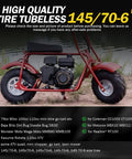 Side view of a red mini bike with Size 145 70 6 Mini Bike Tubeless Tires Replacement For ATVs Go Karts Lawn Mowers And Golf Carts Wide Compatibility With Coleman CT100X CT100U B100 KT196 Baja Doodle Bug DB30 BeefedUp Traction And Easy Fit.