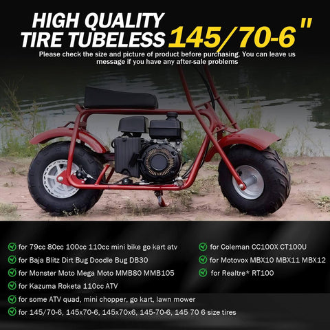 Side view of a red mini bike with Size 145 70 6 Mini Bike Tubeless Tires Replacement For ATVs Go Karts Lawn Mowers And Golf Carts Wide Compatibility With Coleman CT100X CT100U B100 KT196 Baja Doodle Bug DB30 BeefedUp Traction And Easy Fit.