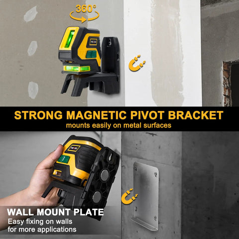 Self Leveling Laser Level With Tripod And 2 Plumb Dots, 100 Ft Cross Line Laser shown with magnetic wall mount bracket