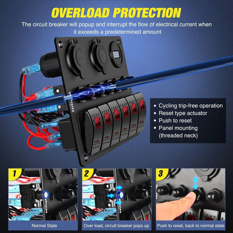 Six Gang Rocker Switch Panel With Red Backlit 12V 24V LED Voltmeter, showing overload protection features and operation steps