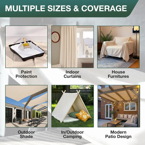Image showing multiple uses of Drop Cloth For Painting Heavy Duty Cotton Duck Canvas Tarp For Floors And Furniture All Purpose Dust Sheet And Backdrop Shield Washable And Reusable For DIY Projects Curtains Tables And Paint Jobs 5x20 Feet, including paint protection, indoor curtains, furniture cover, outdoor shade, camping, and patio design.