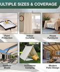 Collage showcasing uses of Cotton Duck Canvas Drop Cloth 12 By 15 Feet for painting, curtains, furniture, outdoor shade, camping, and patio