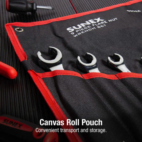 Canvas roll pouch with Flare Nut Wrench Set, 9-Piece, SAE And Metric, Fully Polished Chrome, wrenches inside visible pockets.