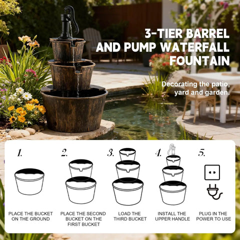 Three Tier Rustic Barrel Waterfall Fountain With Recirculating Pump For Outdoor Garden Patio Backyard And Porch 40 Inch Wooden Water Feature next to a pond.