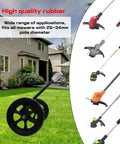 Heavy Duty String Trimmer Support Wheel With 20 Inch Adjustable Height, showing rubber wheels and various brush cutters.