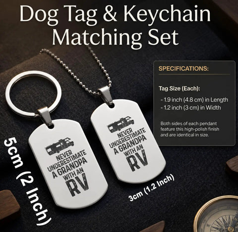Never Underestimate A Grandpa RV Dog Tag Keychain Matching Set shown with specs