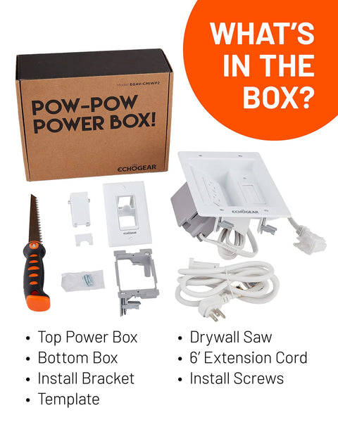 In Wall TV Cable Management Kit With Dual Outlet For Wall Mounted TVs Hides Power And Low Voltage Cables Includes Saw Template Six Foot Extension Cord And All In One In Wall Module Contents Display