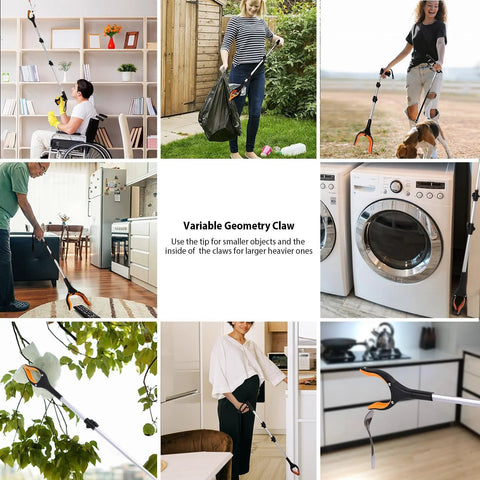 People using the 43-inch foldable grabber tool with magnets for various tasks indoors and outdoors