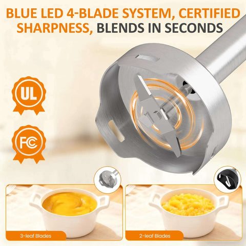 Heavy Duty Cordless Hand Blender 1000W Stick Mixer With Turbo Mode And 12 Speeds, close-up of blue LED 4-blade system.