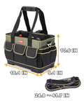 15 Inch Tote Tool Bag Organizer For Electricians And HVAC Pros With 33 Pockets Waterproof Molded Base showing dimensions and strap