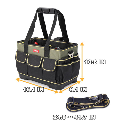15 Inch Tote Tool Bag Organizer For Electricians And HVAC Pros With 33 Pockets Waterproof Molded Base showing dimensions and strap