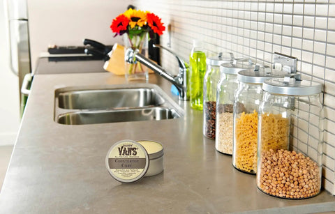 All Natural Beeswax Countertop Care For Soapstone Slate Concrete Composite And Wood Butcher Block Surfaces Food Safe 6 Oz Tin on kitchen counter