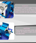 Close-up of Jaryannix Mini Metal Lathe Benchtop 36W headstock and tailstock with precise dials for woodworking and DIY projects.