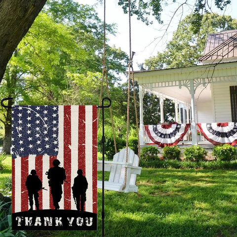 American Soldier Thank You Garden Flag 12x18 Burlap Double Sided For Fourth Of July Independence Day Memorial Day in front of house