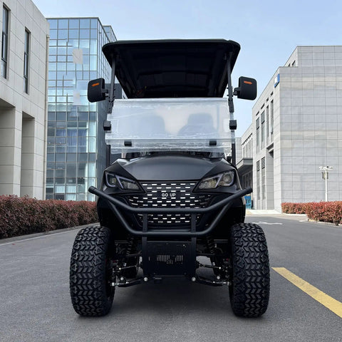 Top Notch Four Passenger Electric Golf Cart With One Touch Start And 48V 150Ah Lithium Battery front view on urban street.
