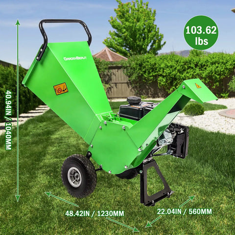 Green 7HP Gas Powered Wood Chipper With Three Inch Max Cutting Diameter All Steel Construction in garden setting