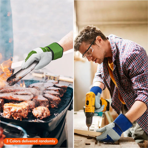 Man using Leather Palm Work Gloves For Men, Heavy Duty Gardening And Builder Gloves, 3 Pairs Large Size, 3 Colors for grilling and DIY.