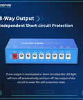 Eight Channel Isolated Pedal Power Supply showing 8-way output and short-circuit protection instructions.