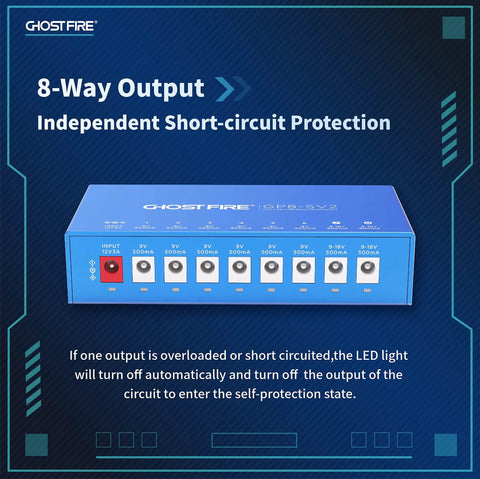 Eight Channel Isolated Pedal Power Supply showing 8-way output and short-circuit protection instructions.