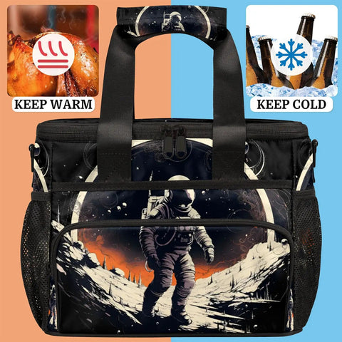 Insulated Picnic Backpack With Lunch Box for Women and Men, keeps food fresh, astronaut design, front view of spacious tote
