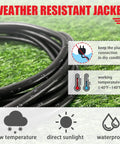 Heavy Duty Outdoor Extension Cord 100 Ft with 16/3 SJTW Cable coiled on grass, showcasing weather resistance icons.