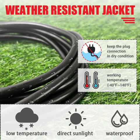 Heavy Duty Outdoor Extension Cord 100 Ft with 16/3 SJTW Cable coiled on grass, showcasing weather resistance icons.