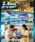 Family enjoying Fast Remote Control Boat for Kids and Adults, 25 MPH Brushless Dual Motor RC Speed Boat in a pool