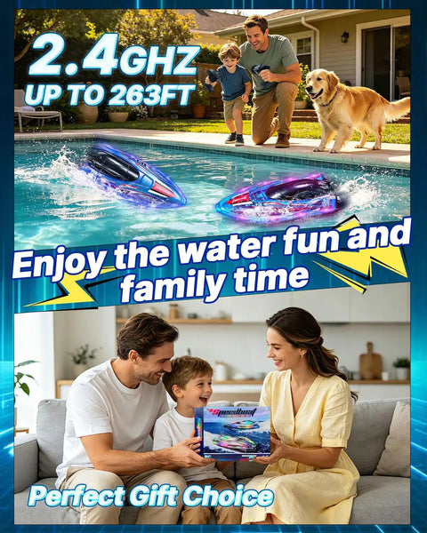 Family enjoying Fast Remote Control Boat for Kids and Adults, 25 MPH Brushless Dual Motor RC Speed Boat in a pool