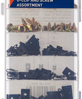 Heavy Duty Rust Resistant U Clip And Screw Assortment Kit Featuring Black Oxide Spring Steel Clips In A Slick Labeled Storage Box with 170 pieces.
