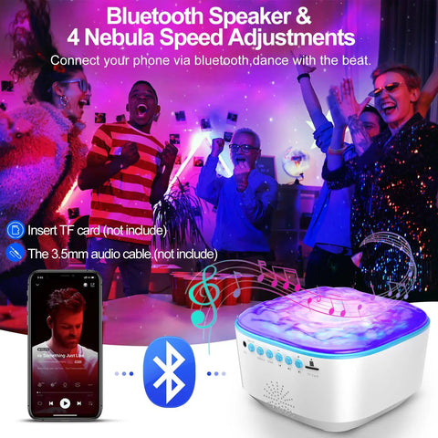 Star Projector Galaxy Night Light With Remote Control And Timer Bluetooth Speaker Aurora Ocean Wave Nebula Sky Projector For Ceiling Decor Epic Bedroom Or Living Room Gift For Kids And Adults with Bluetooth speaker playing music.