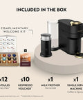 Vertuo Pop Deluxe Coffee And Espresso Maker With Aeroccino Milk Frother, 5 Brew Sizes in Matte Black Gold Finish with accessories
