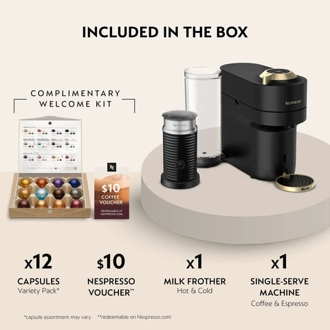 Vertuo Pop Deluxe Coffee And Espresso Maker With Aeroccino Milk Frother, 5 Brew Sizes in Matte Black Gold Finish with accessories