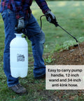Person using Two Gallon Lawn And Garden Sprayer With 34 Inch Anti Kink Hose, Thumb Operated Control Valve With Lock, outdoors.