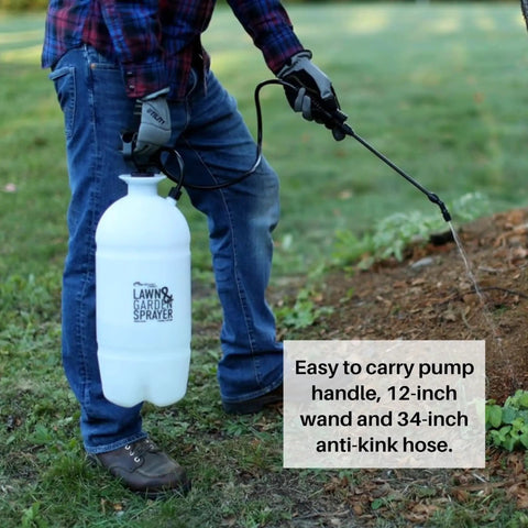 Person using Two Gallon Lawn And Garden Sprayer With 34 Inch Anti Kink Hose, Thumb Operated Control Valve With Lock, outdoors.
