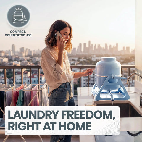 Compact Manual Portable Washing Machine For Apartments And Rvs No Hookups Required Countertop Mini Clothes Washer in use on balcony.