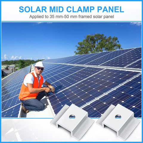 Heavy Duty Aluminum Solar Panel Mid Clamps 48 Pack 1.06 Inch Brackets on a rooftop installing solar panels.