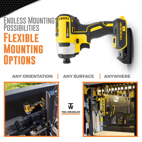 Tool Wrangler Garage Organizer For 20V Tools And Batteries 18 Piece Mount System with 10 tool holders mounted in use.